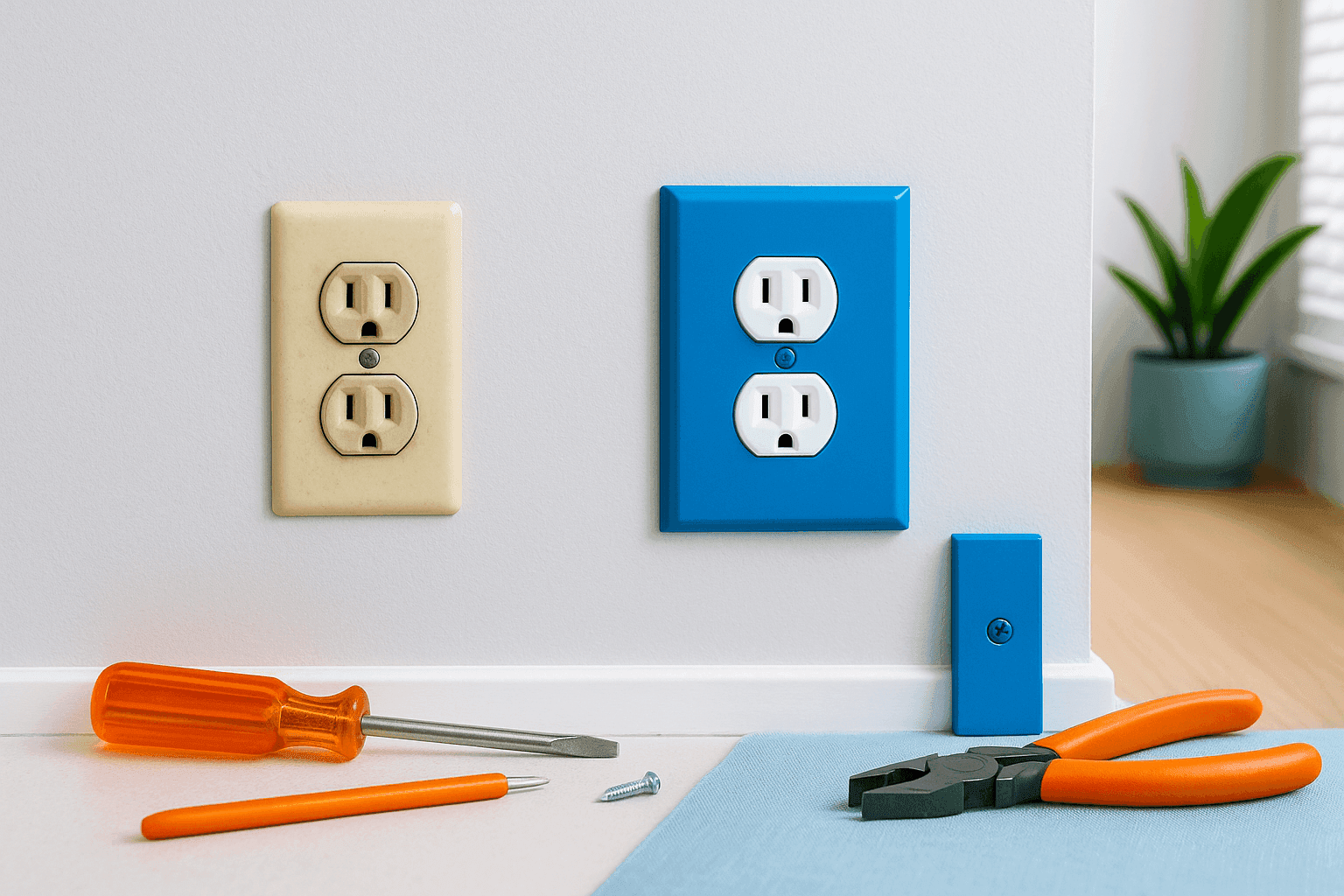 Clean, modern switch plates and outlet covers showing the dramatic difference between old dingy covers and fresh new decorative ones