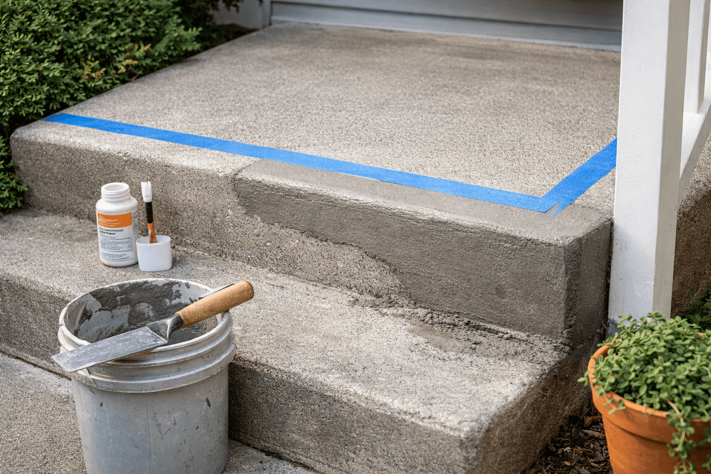 Concrete step edge repair in progress with vinyl patcher applied and shaped with a margin trowel to match the original step profile, bonding agent bottle and mixing bucket visible nearby