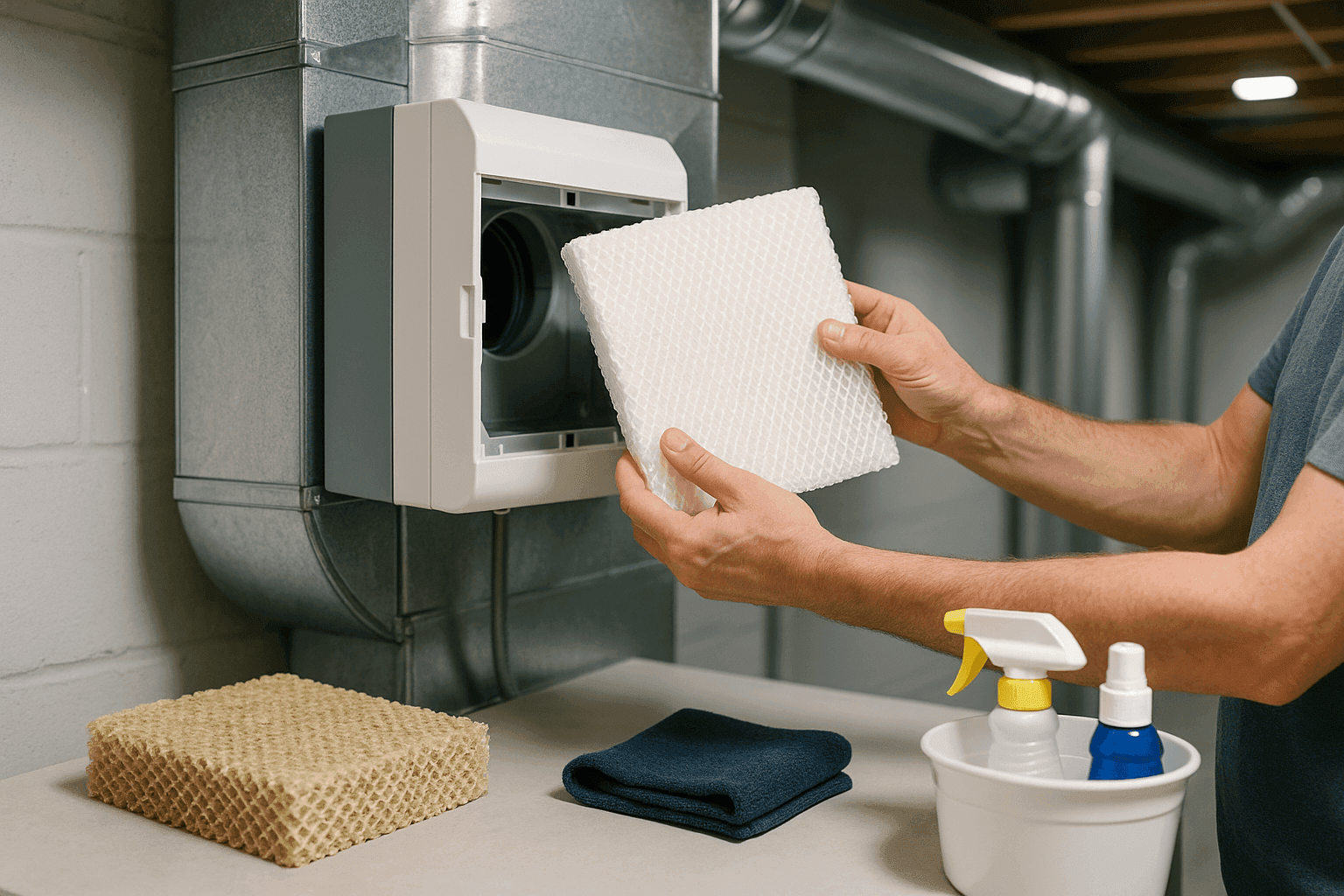 Person replacing white humidifier filter pad in whole-house furnace humidifier unit mounted beside HVAC system in basement