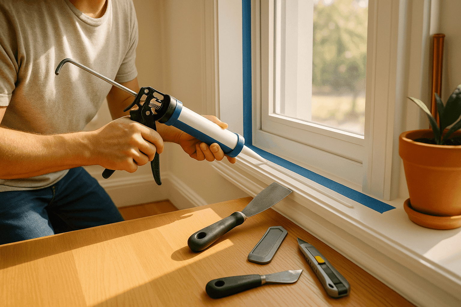 Homeowner applying fresh white caulk around window frame using caulking gun and painter's tape for clean professional lines