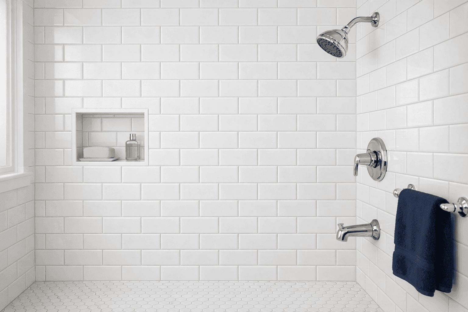 Freshly resealed white bathroom tile grout lines in a clean modern shower surround with bright natural light and sparkling ceramic tile