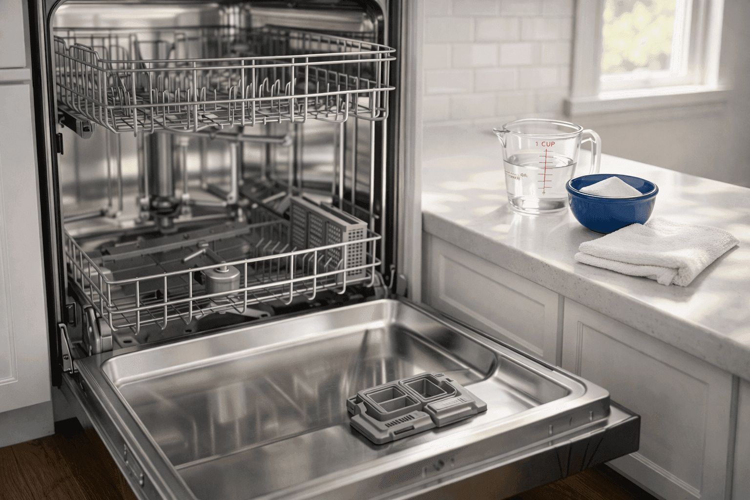 Open dishwasher showing sparkling clean interior with vinegar bottle and baking soda box on nearby counter, bright kitchen setting