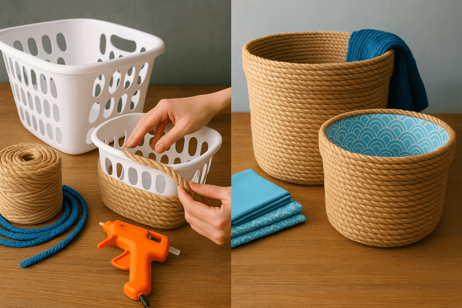 Before and after transformation of plastic laundry baskets wrapped in rope showing expensive-looking storage solutions made from dollar store finds