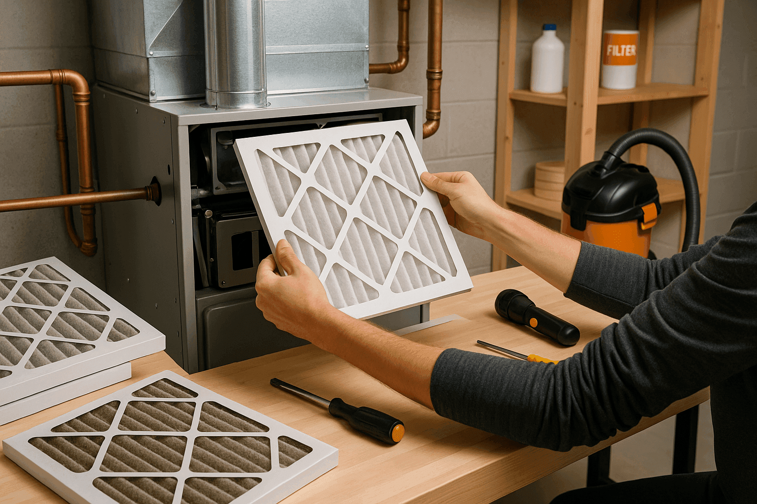 Homeowner changing furnace filter and inspecting heating system components in basement mechanical room before winter season
