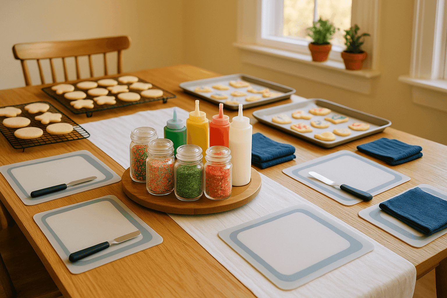 Organized cookie decorating station with icing bags, sprinkles in containers, cooling racks and baked cookies ready for family decorating fun