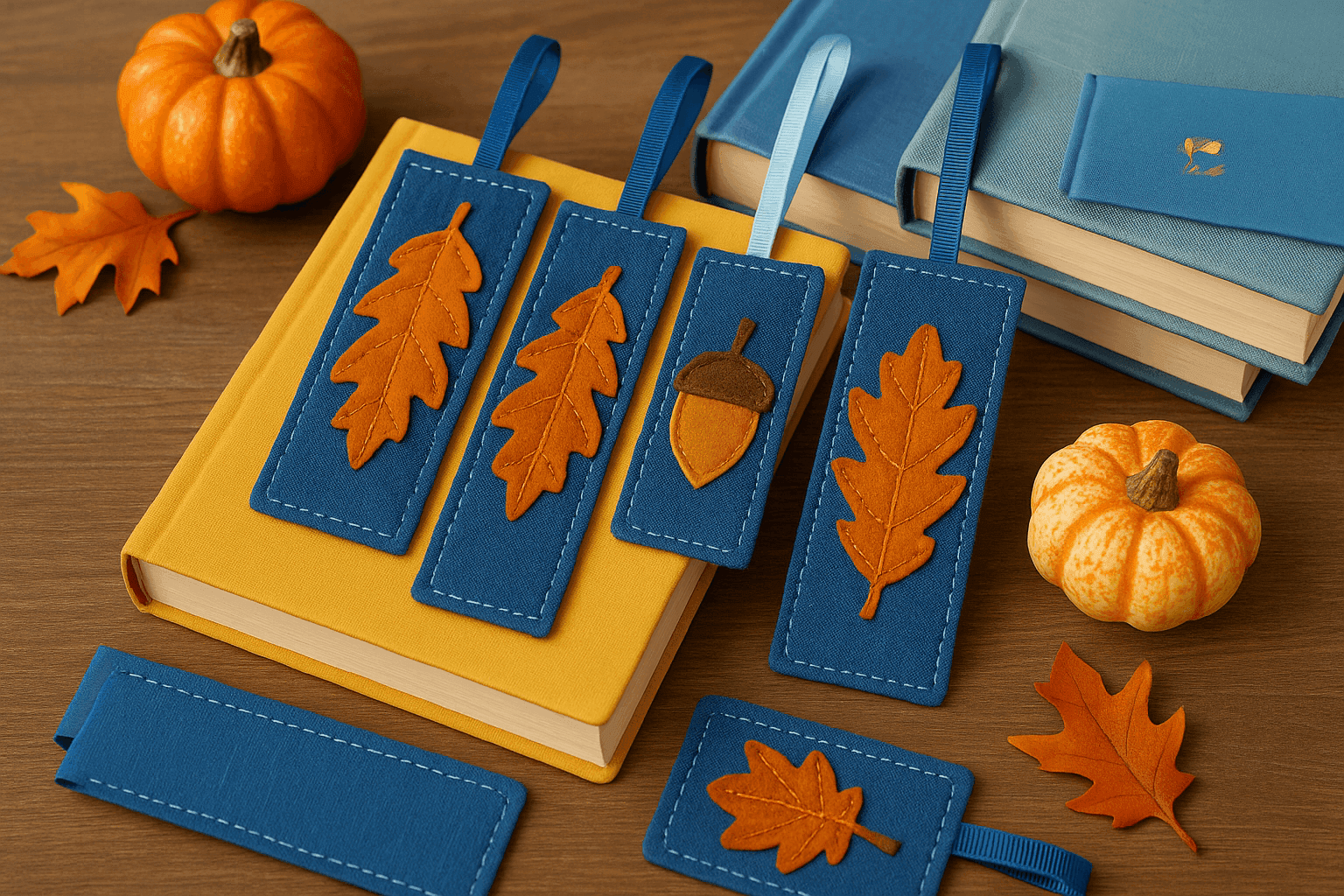 Beautiful handmade fabric bookmarks with fall leaf and acorn appliqués displayed with books and autumn decorations for teacher gifts