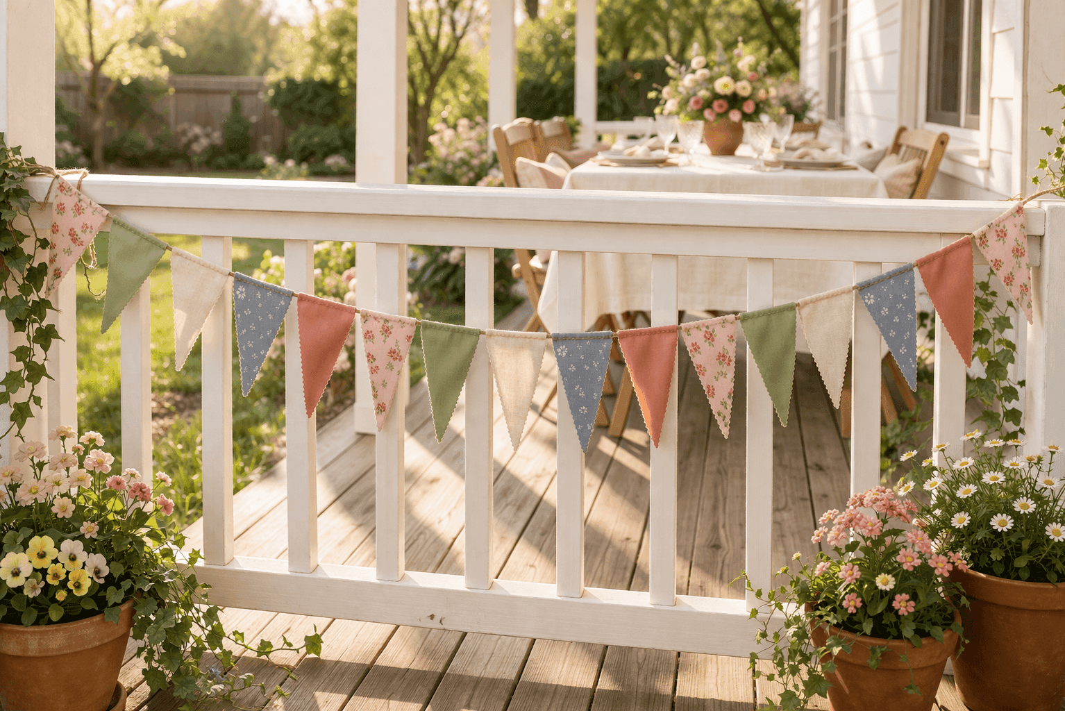 Colorful handmade fabric bunting banner with pink floral, sage green, and cream triangle flags strung across a sunny backyard porch for a spring celebration