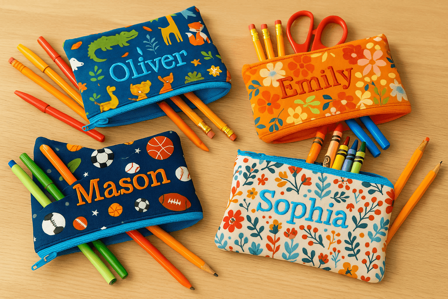 Colorful handmade personalized pencil cases with children's favorite fabrics and zippers filled with school supplies