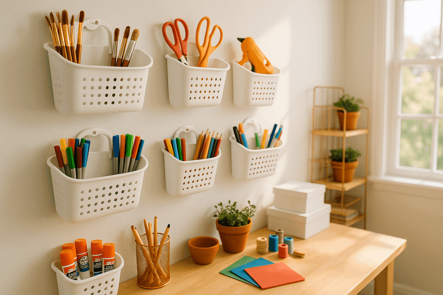 White plastic shower caddies mounted on craft room wall filled with organized art supplies, scissors, paintbrushes, and crafting materials