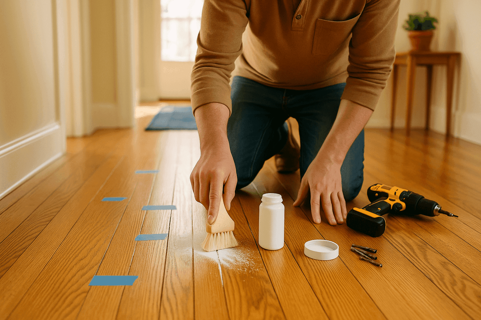 Person fixing squeaky hardwood floor with talcum powder and brush eliminating annoying floor noises before holiday guests