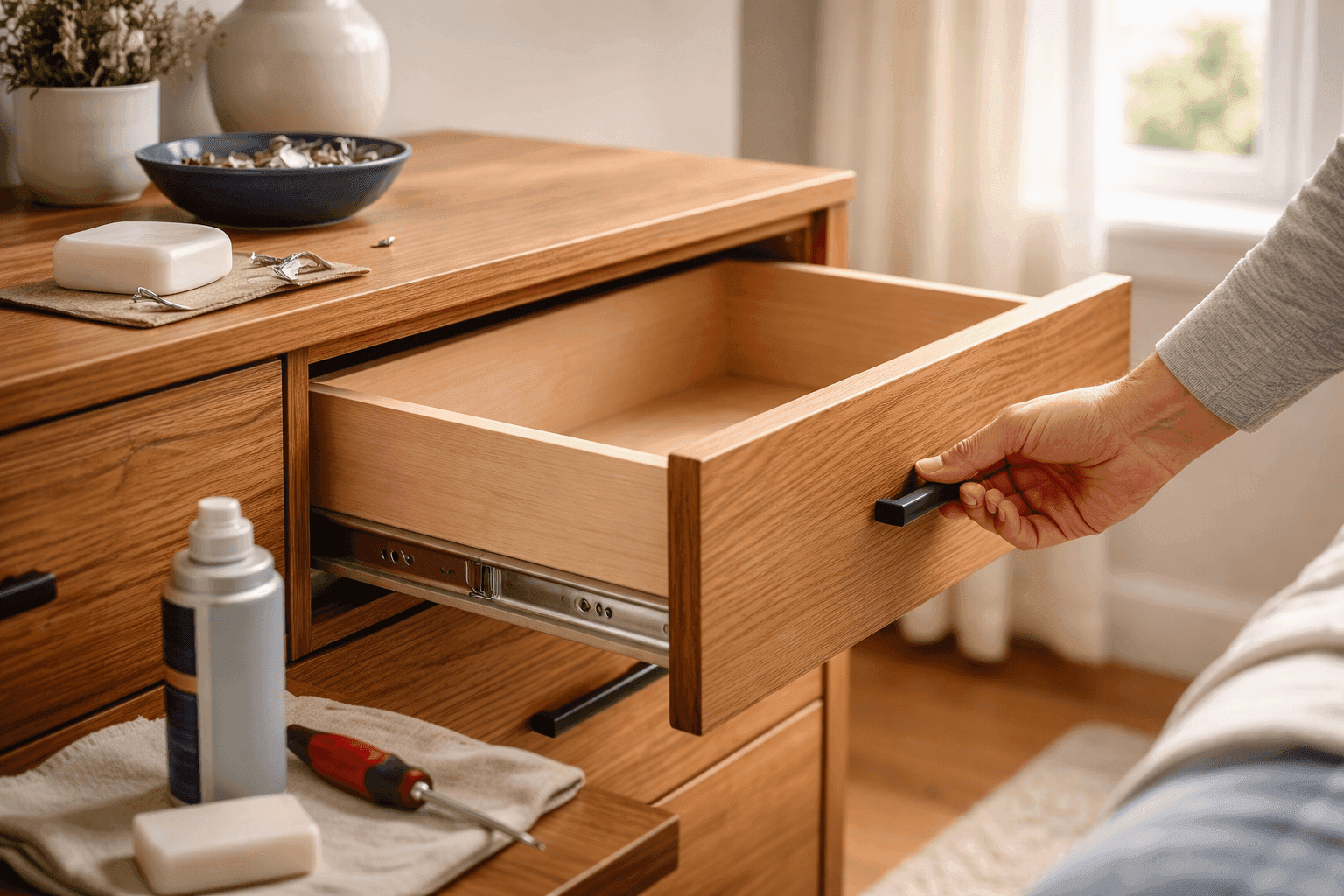 Person easily sliding open smooth-gliding dresser drawer after repair, showing proper drawer maintenance technique
