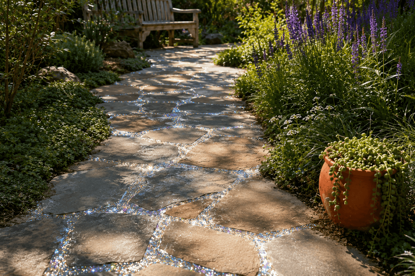 Garden stepping stone pathway with glitter-infused grout catching sunlight, surrounded by lush greenery and flowering plants