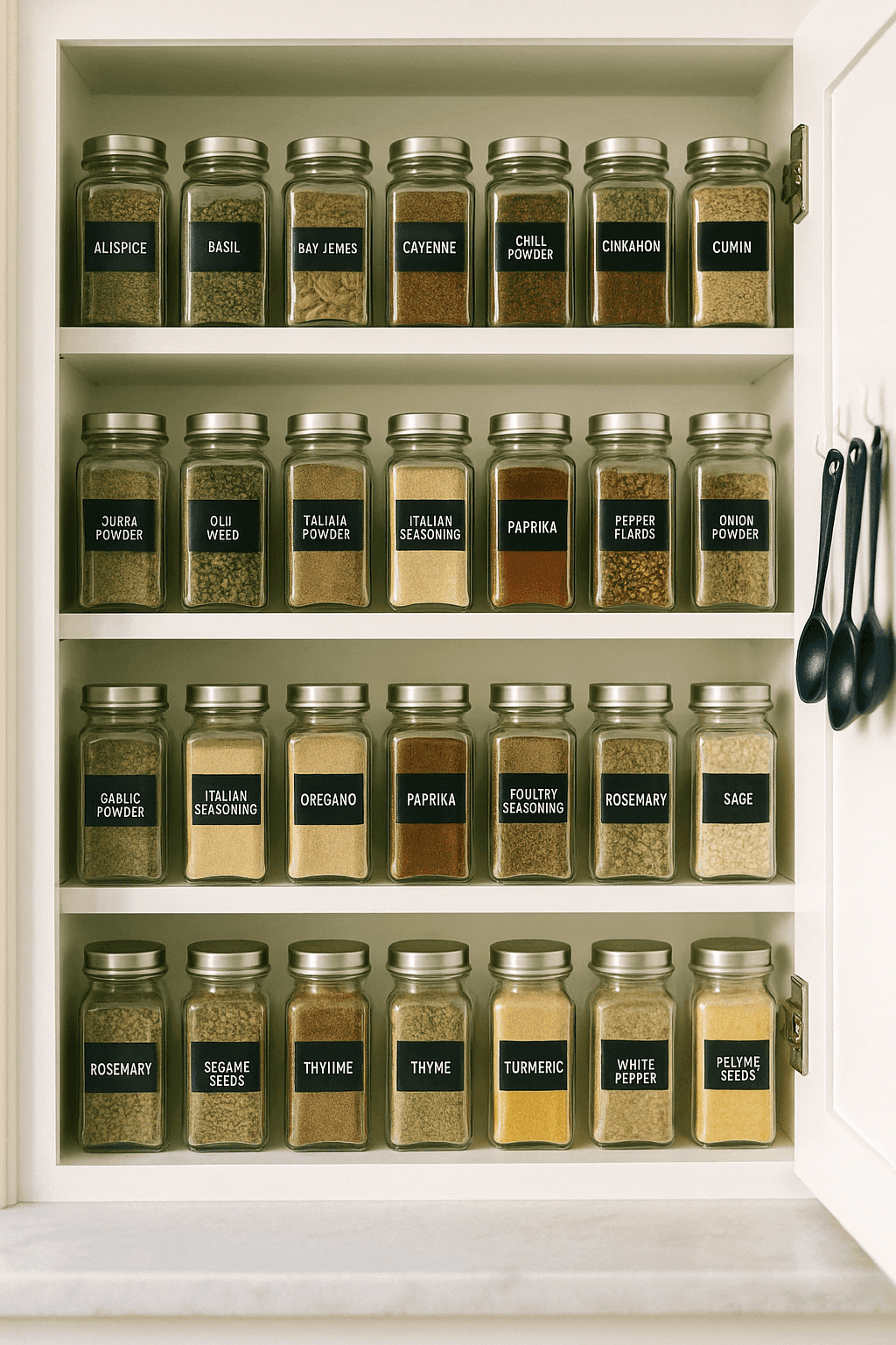 Organized spice cabinet with alphabetized matching containers and clear labels on clean white shelves