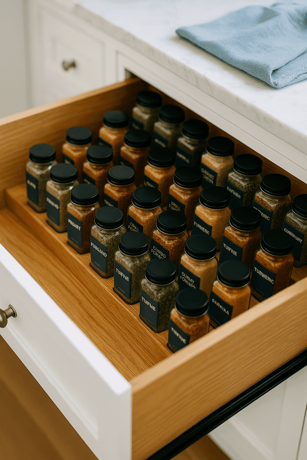Organized kitchen drawer with tiered spice risers showing all labeled bottles clearly visible in stepped rows