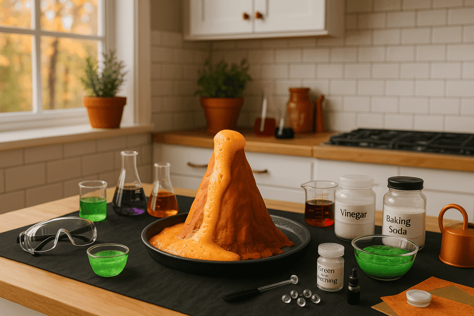 Kitchen counter transformed into science lab with bubbling orange volcano, green slime, and Halloween-themed experiment supplies arranged on dark tablecloth