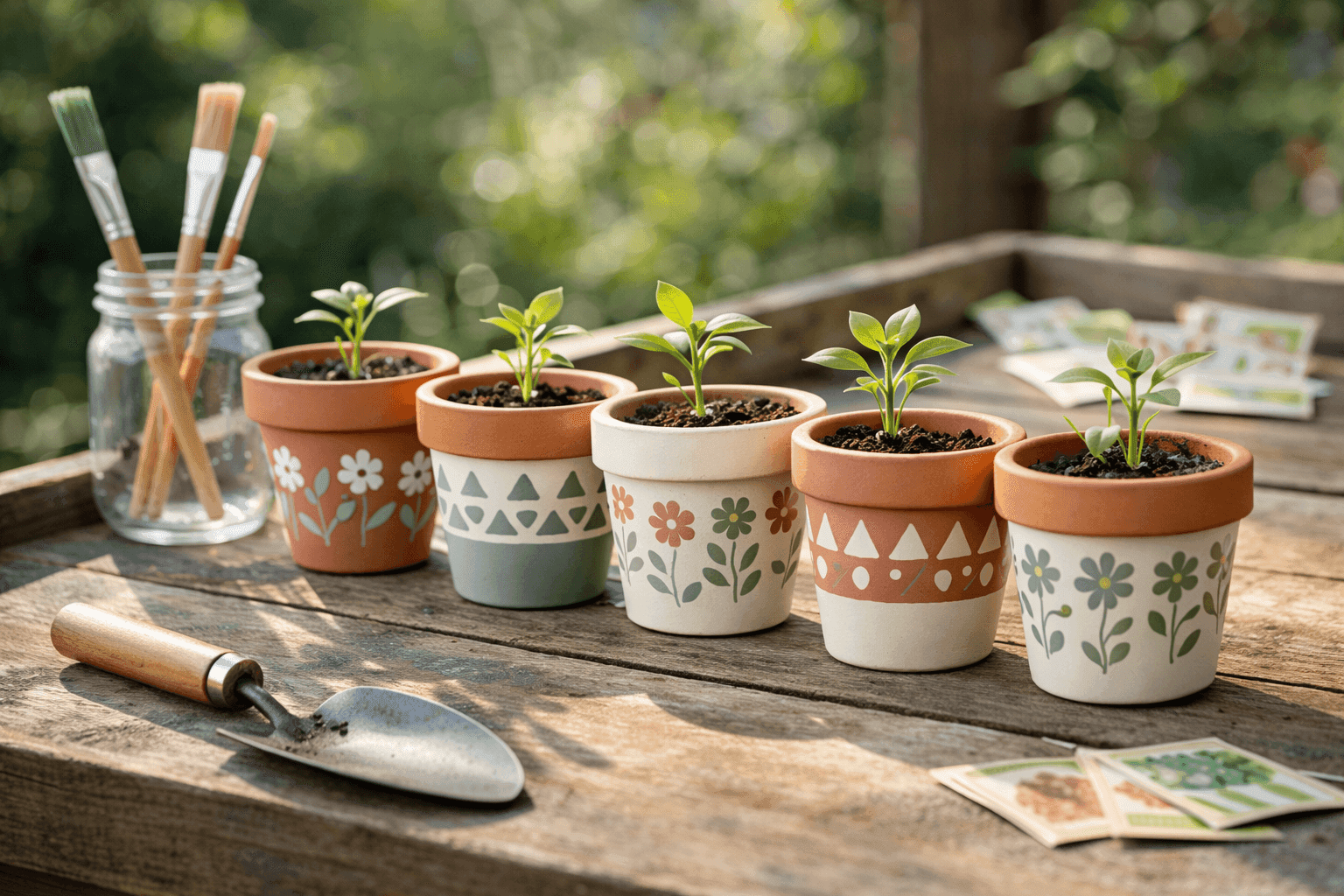 Hand-painted terra cotta pots with colorful geometric patterns and floral designs holding young seedlings on sunny potting bench