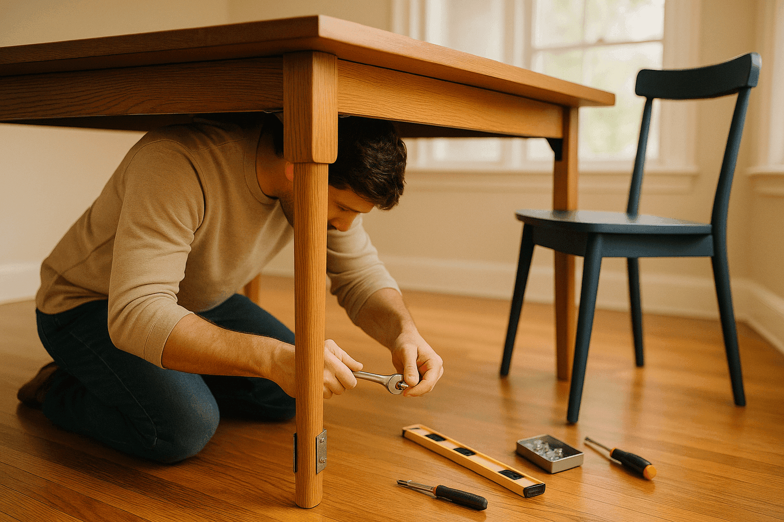 Person tightening bolts on wooden dining table leg with wrench and adding corner braces for stability
