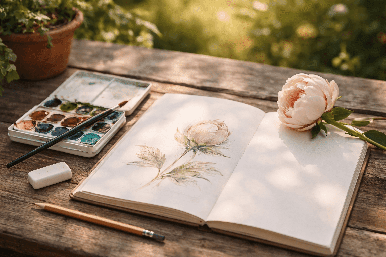 Open nature journal with a hand-sketched botanical illustration of a flower bud beside colored pencils and a small watercolor set on a wooden table near a sunlit window