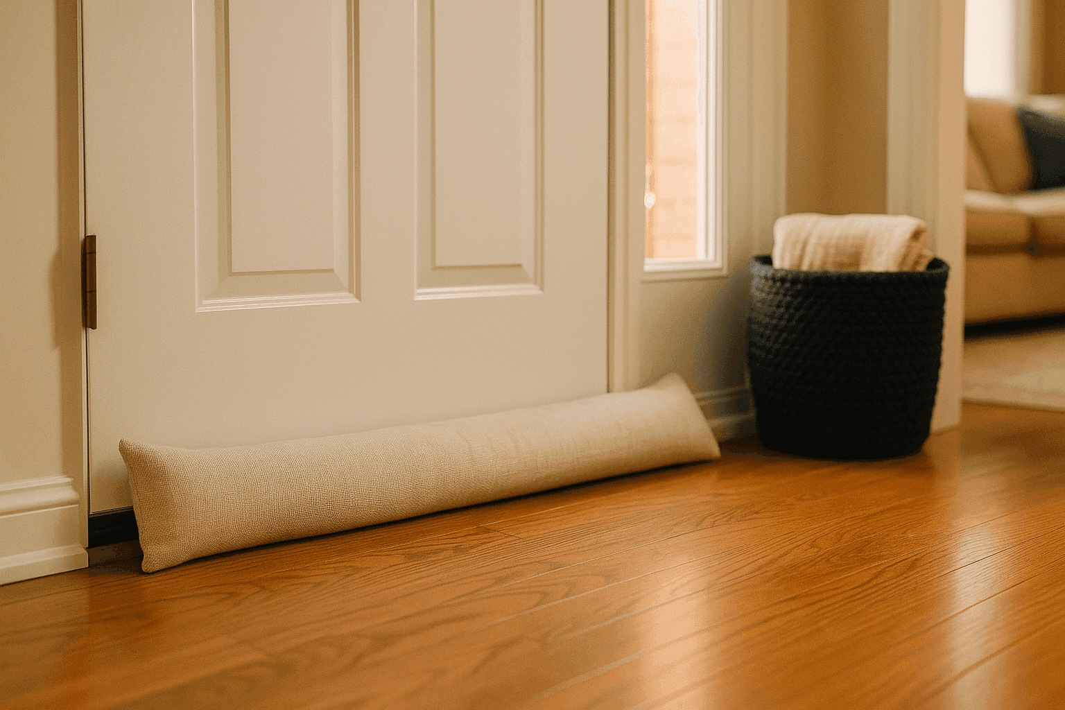 Decorative fabric draft stopper positioned at the base of a front door blocking cold air, with warm cozy living room visible in the background