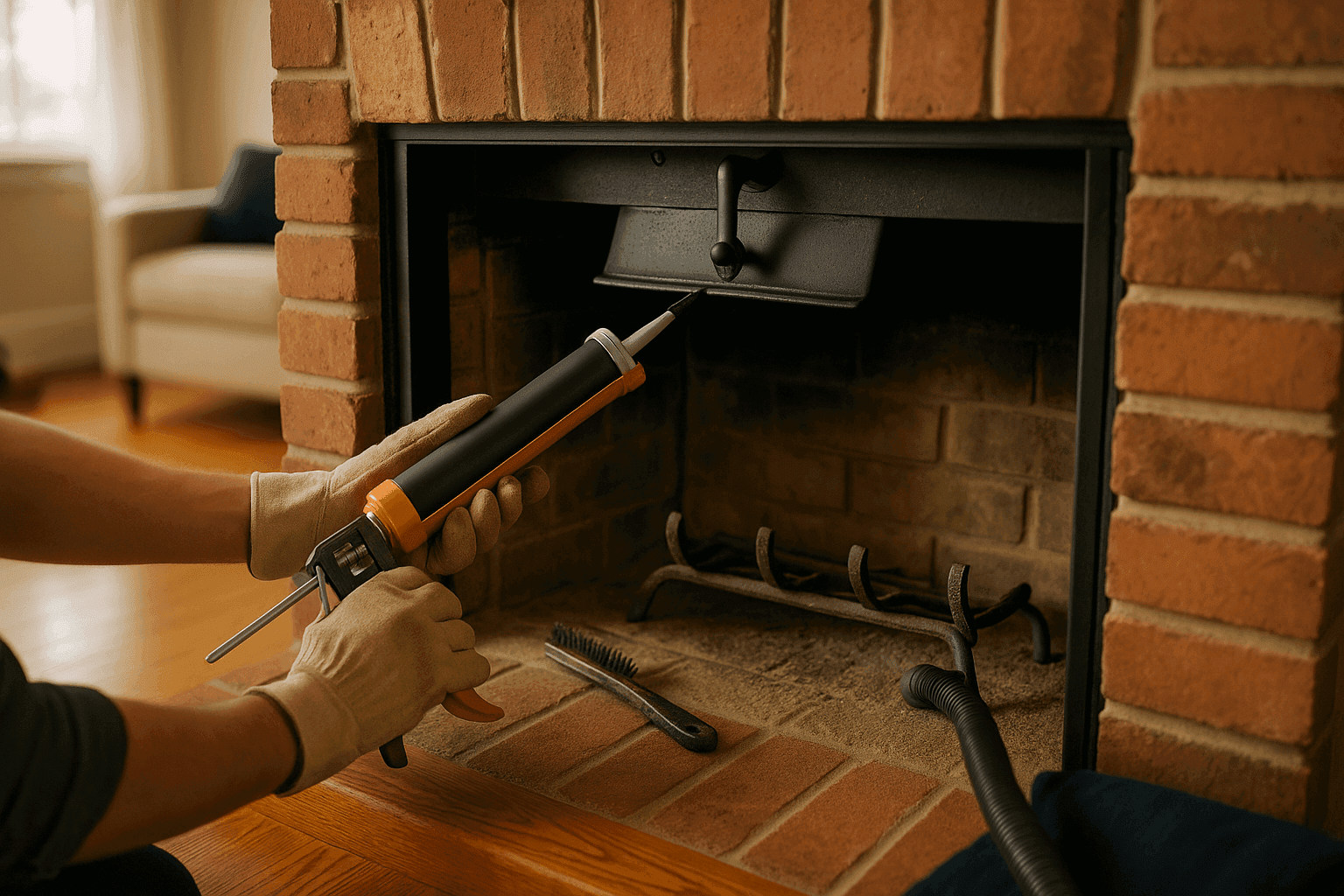 Homeowner inspecting fireplace damper and applying fire-rated caulk to seal gaps preventing heat loss and drafts in preparation for heating season