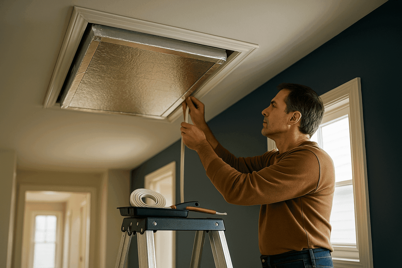Homeowner installing weatherstripping and rigid foam insulation on an attic access hatch to prevent heat loss and improve energy efficiency