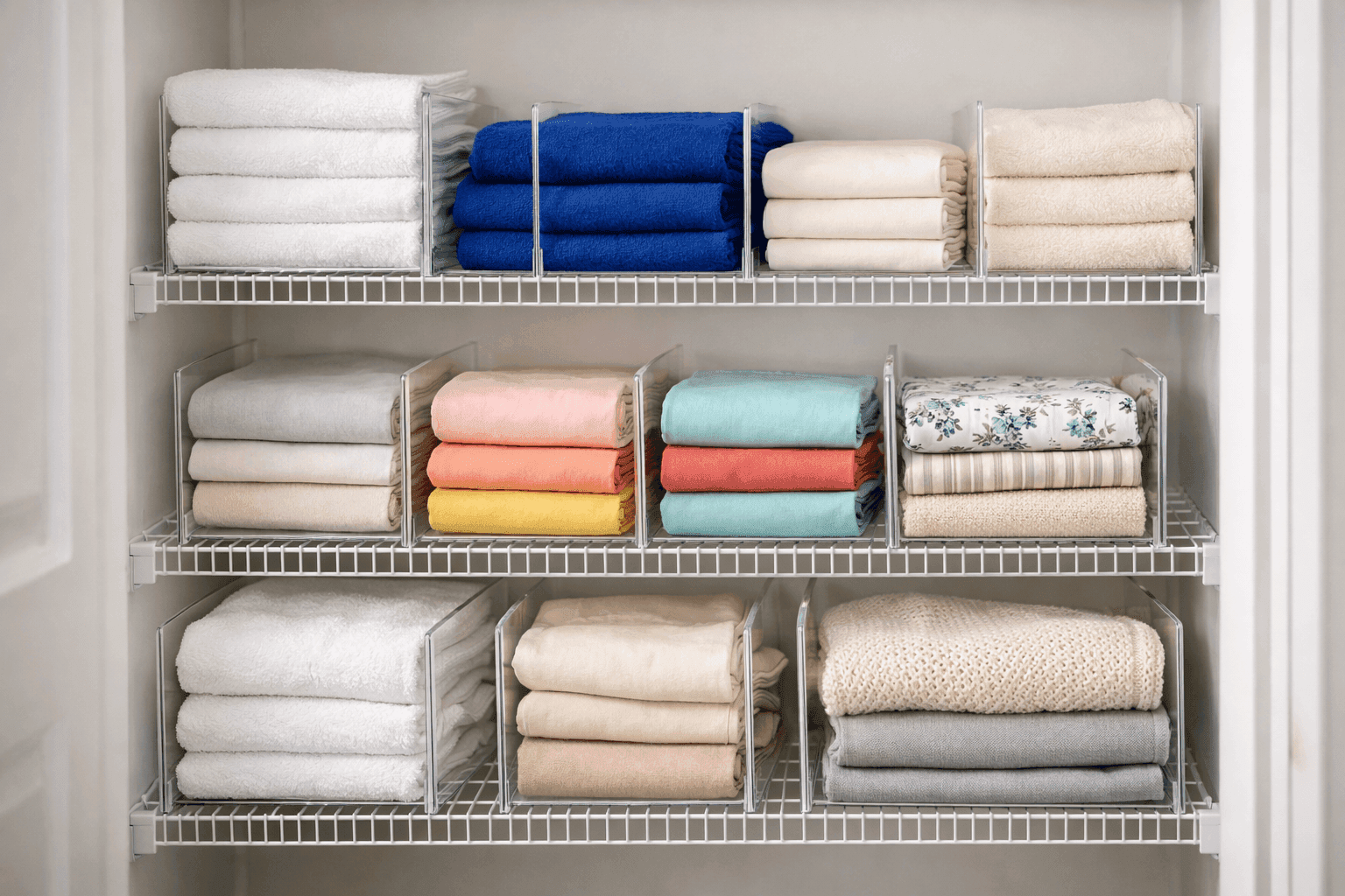 Organized linen closet with vertical dividers separating neatly folded towels and sheet sets on white shelving