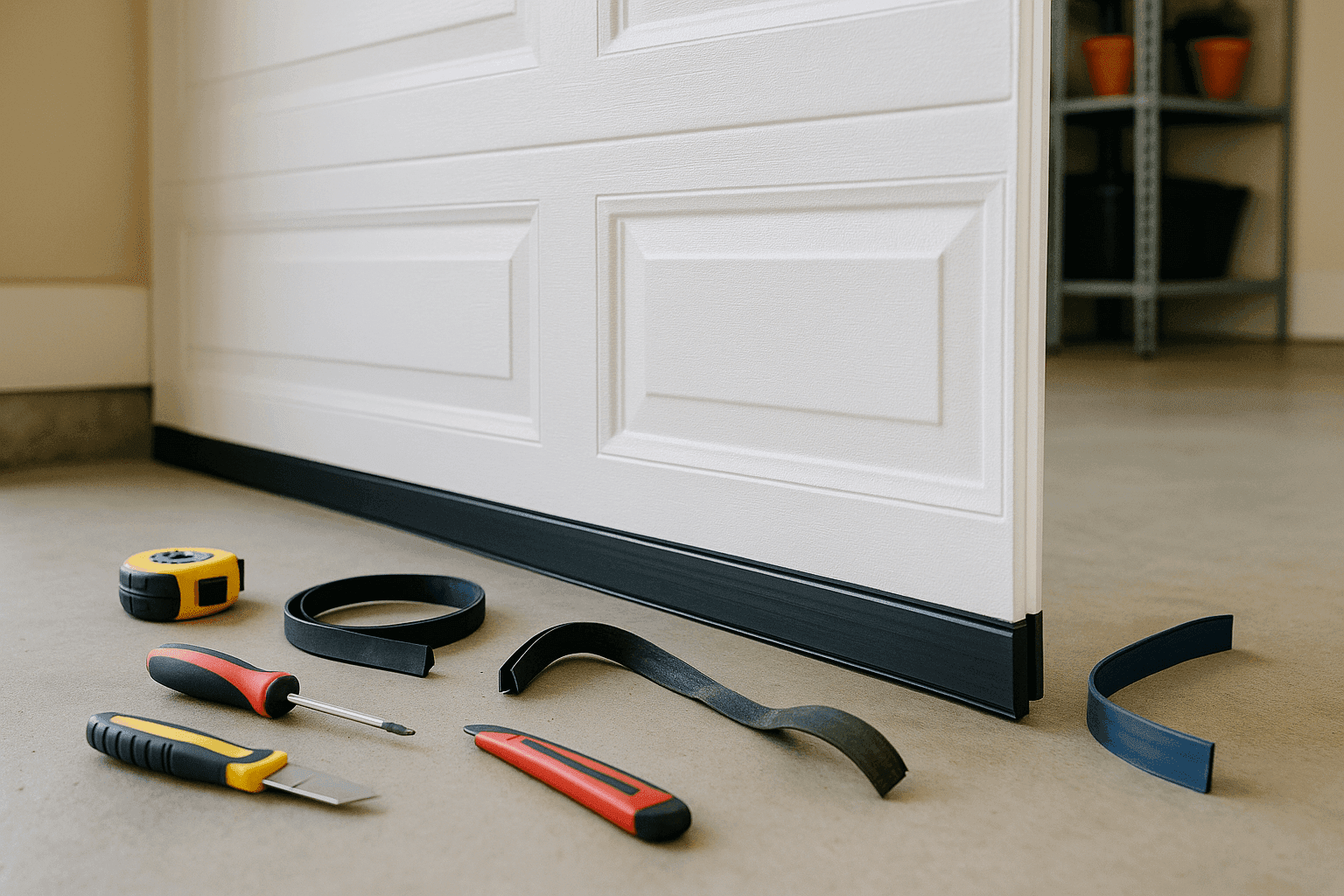New rubber weatherstripping installed along garage door bottom seal blocking cold drafts with tools nearby