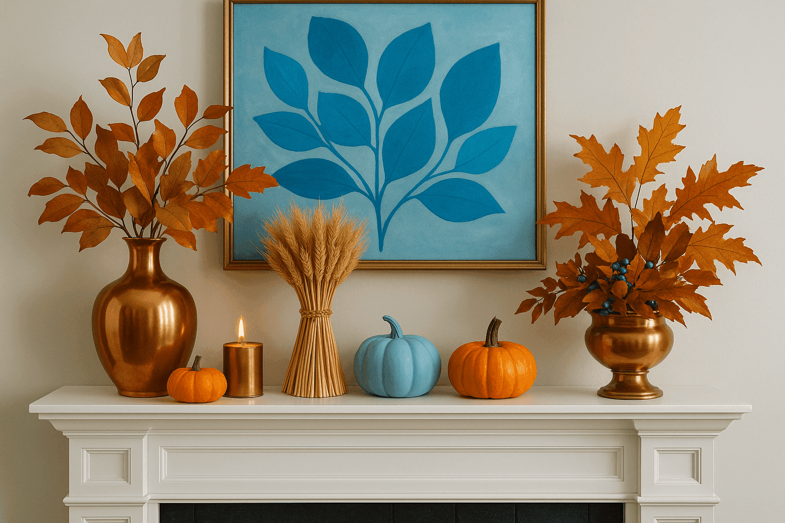 Sophisticated autumn mantel display featuring copper vessels, mini pumpkins, wheat bundles, and elegant fall decorations in refined arrangement