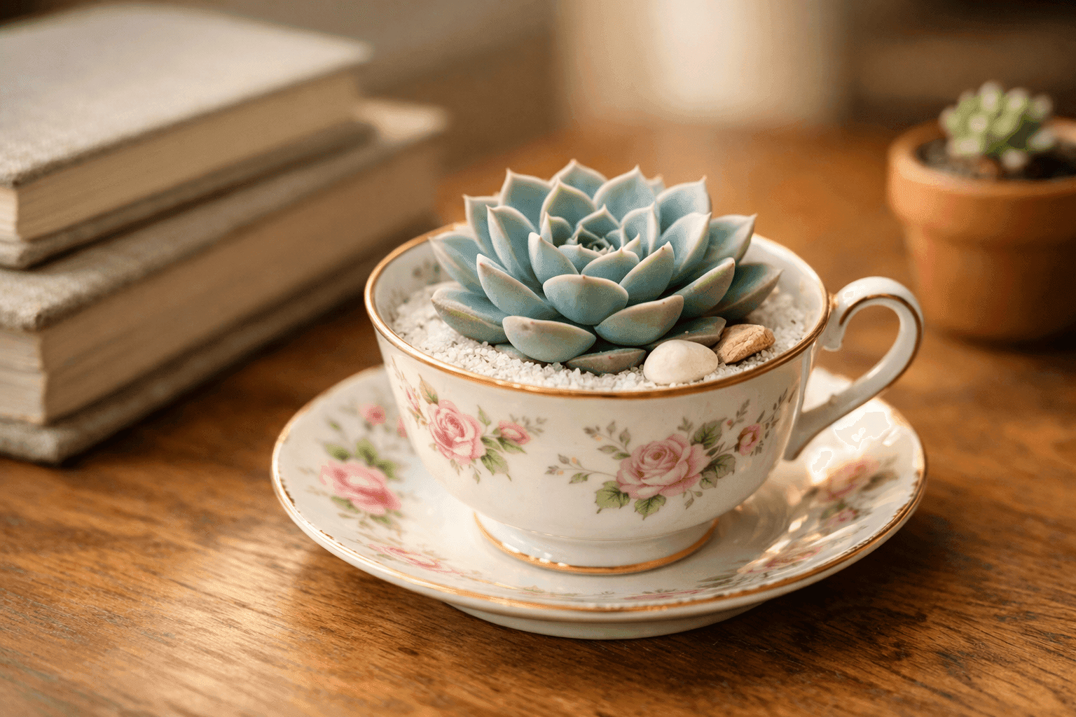 Charming vintage floral teacup planted with a small succulent arrangement on a wooden desk beside a stack of books in soft natural window light