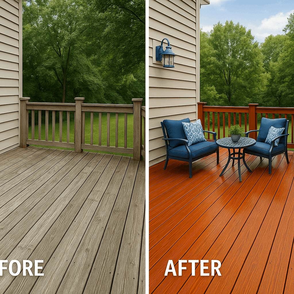 Beautiful refreshed deck with rich wood stain showcasing the dramatic before and after transformation of deck refinishing