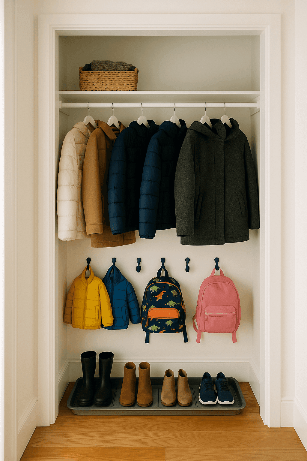 Organized coat closet with winter coats hanging neatly, child-height hooks with backpacks, and a boot tray at the bottom containing shoes and boots
