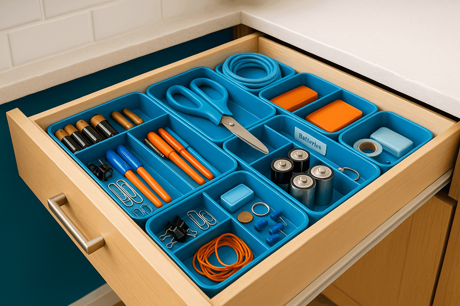 Perfectly organized kitchen junk drawer with small compartments holding batteries, pens, and miscellaneous items in neat, labeled sections