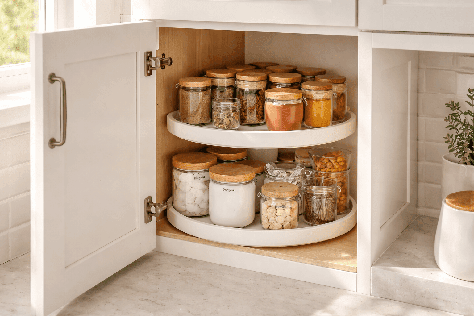 Custom dollar store lazy susan organizer with small glass jars and containers arranged on rotating base in corner cabinet