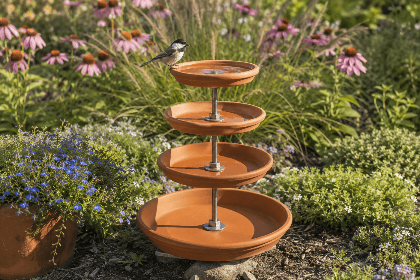 Tiered terra cotta saucer birdbath with three graduated levels in a sunny garden bed, surrounded by perennial flowers and greenery