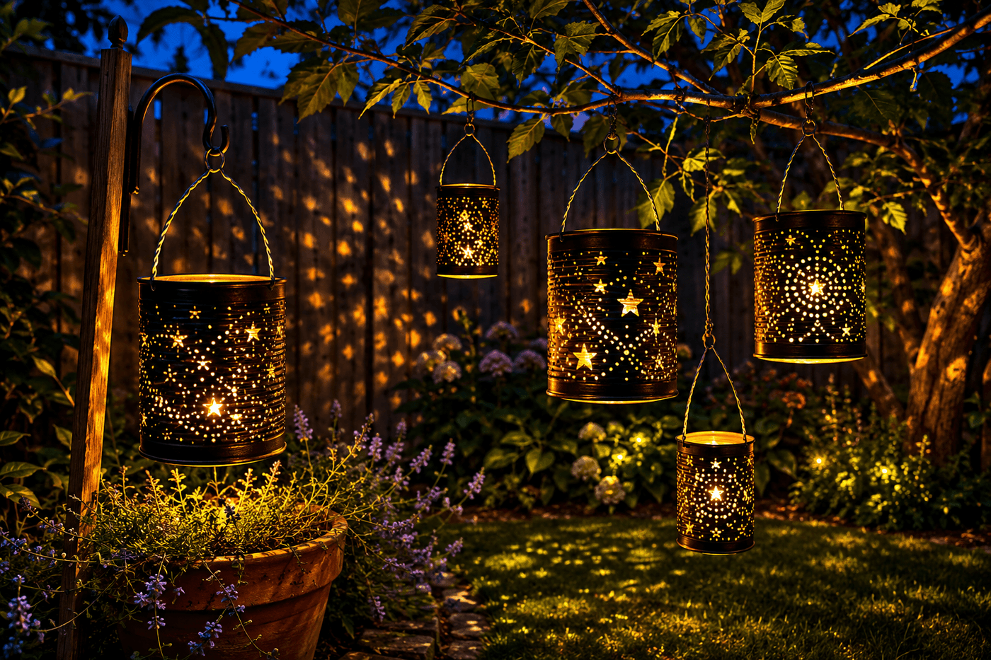 Several punched tin can lanterns in varying sizes hanging from tree branches and a shepherd's hook at dusk, casting star and dot light patterns through the holes onto surrounding foliage