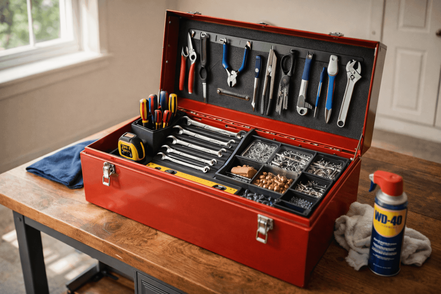 Organized toolbox with tools sorted by category in labeled sections and containers