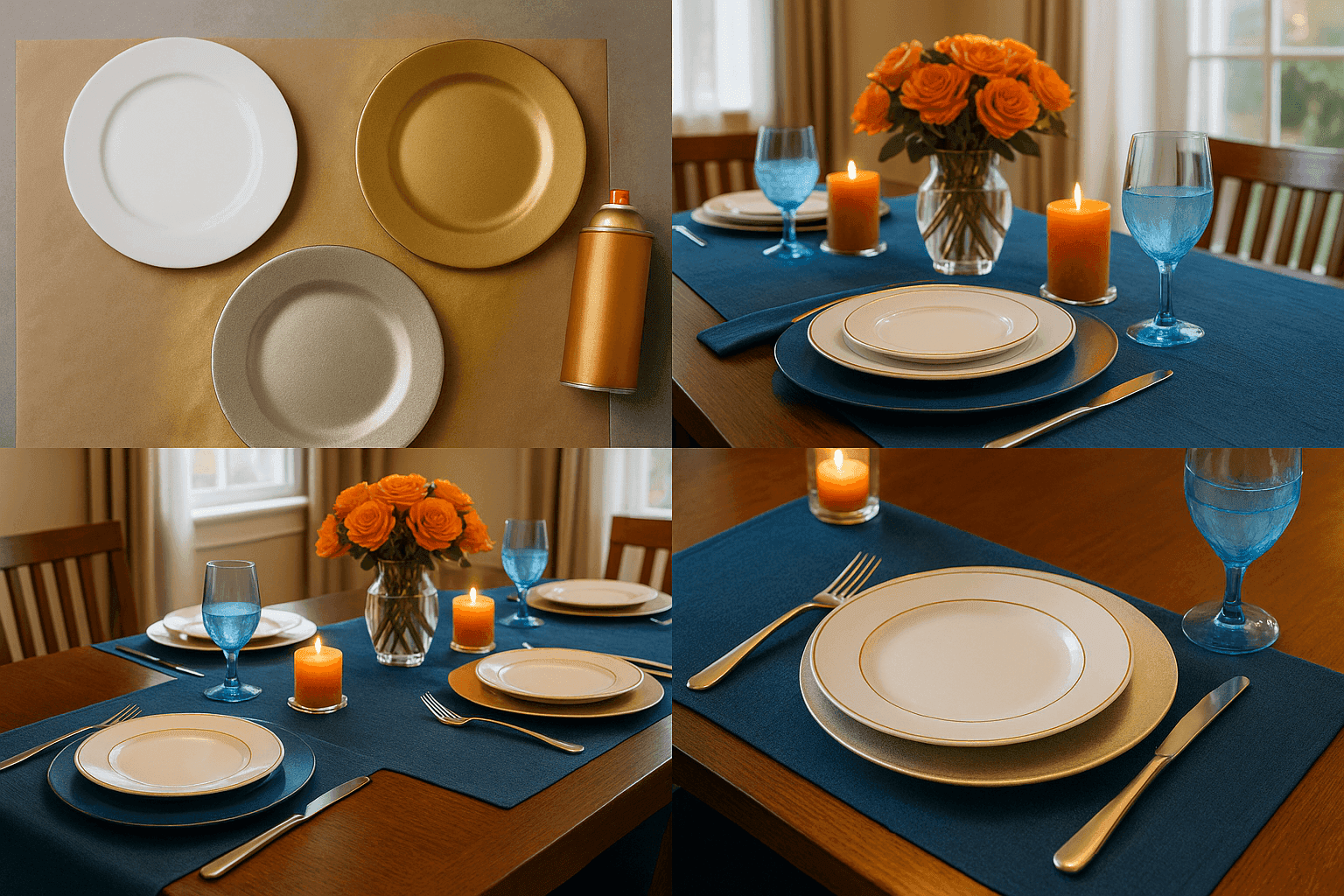 Elegant dining table with metallic gold spray-painted charger plates creating luxurious table setting on budget