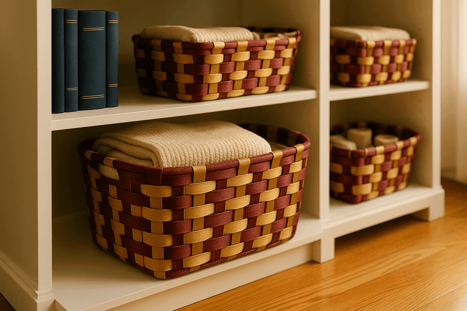 Beautifully transformed plastic laundry basket woven with burgundy and gold ribbon creating an expensive-looking storage solution on organized shelves