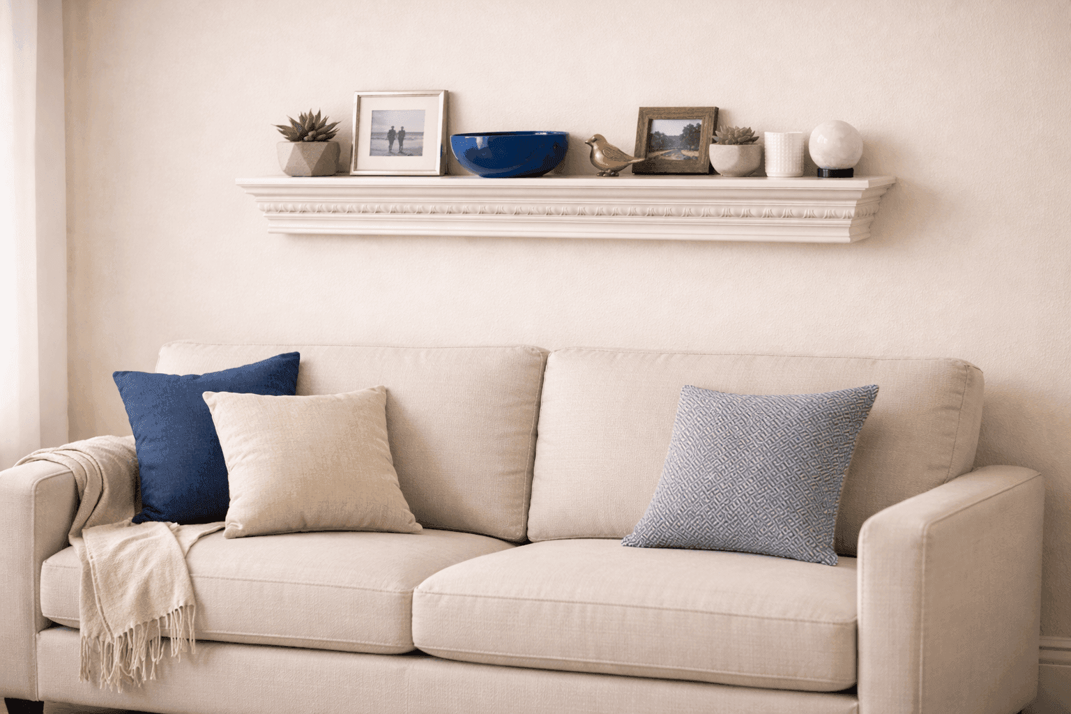 Crown molding mounted as decorative shelf ledge displaying small plants and frames adding architectural detail to wall