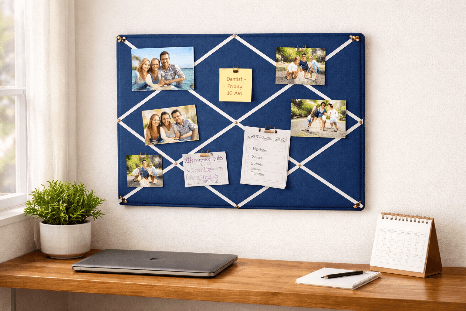 Fabric-covered bulletin board with ribbon crisscross pattern displaying photos and notes on home office wall