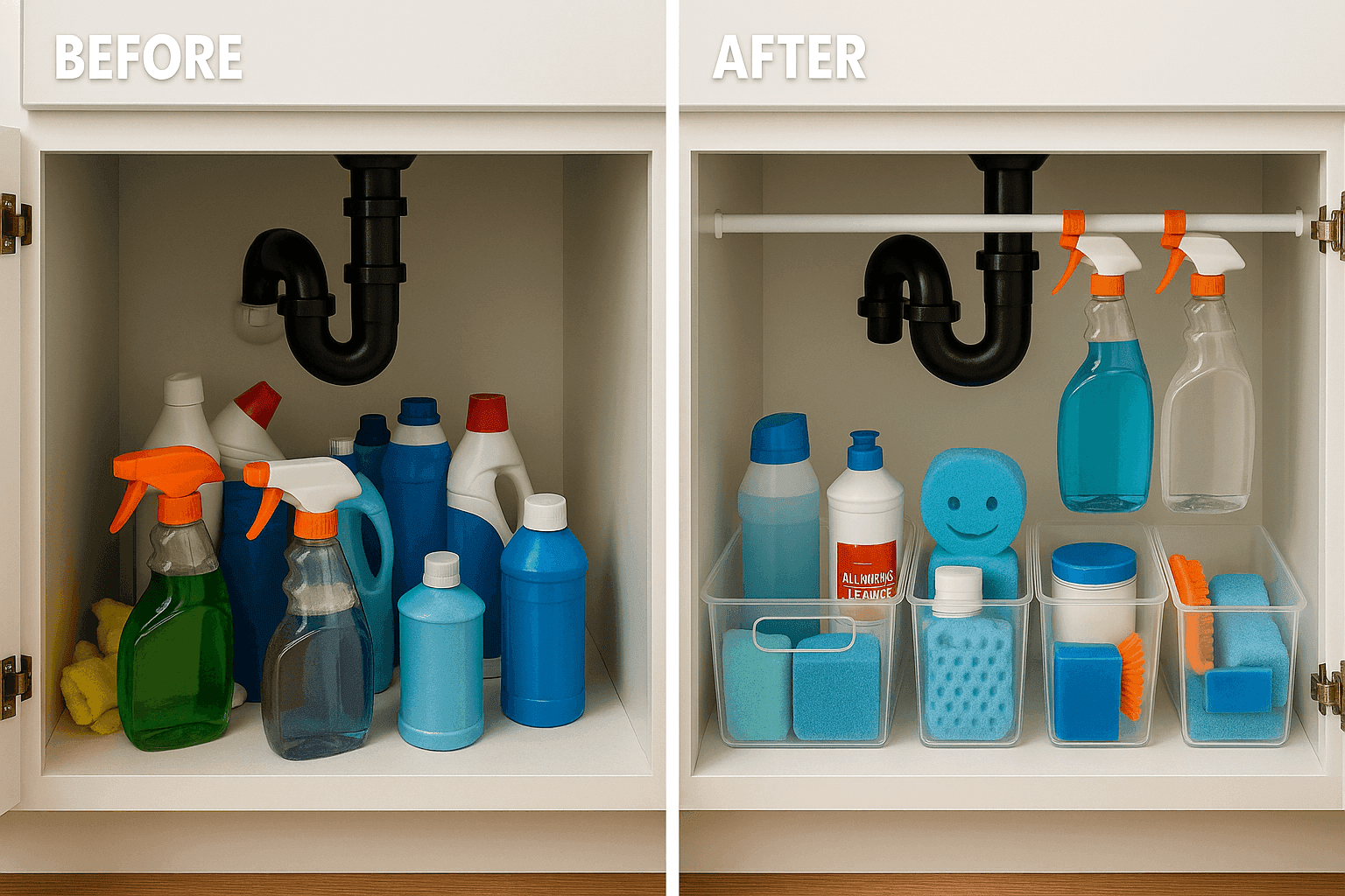 Perfectly organized under-sink cabinet with tension rod holding spray bottles and small bins organizing cleaning supplies and sponges