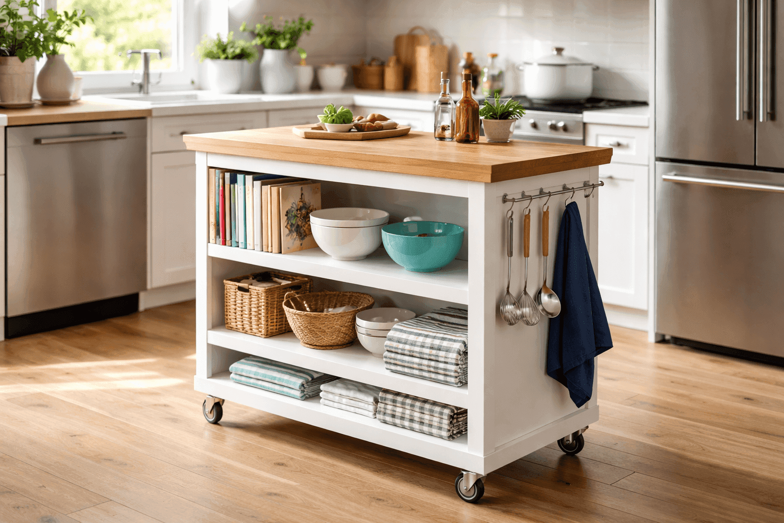 Repurposed bookshelf transformed into rolling kitchen island with butcher block top and storage shelves