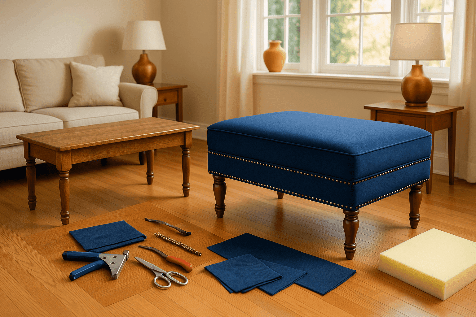Before and after showing old coffee table transformed into elegant upholstered ottoman with decorative nail heads and beautiful fabric