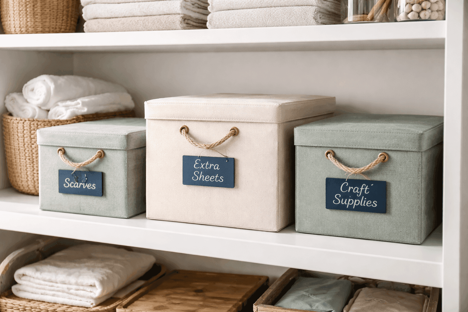 Coordinated fabric-covered storage boxes made from cardboard arranged on organized shelving with rope handles and decorative labels