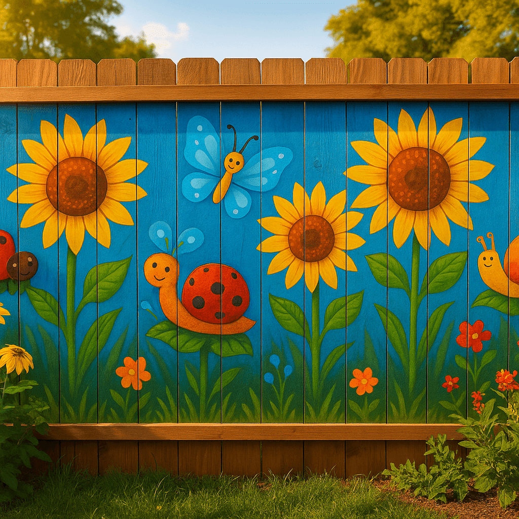 Vibrant wooden fence mural featuring colorful sunflowers and whimsical garden creatures in a sunny backyard setting