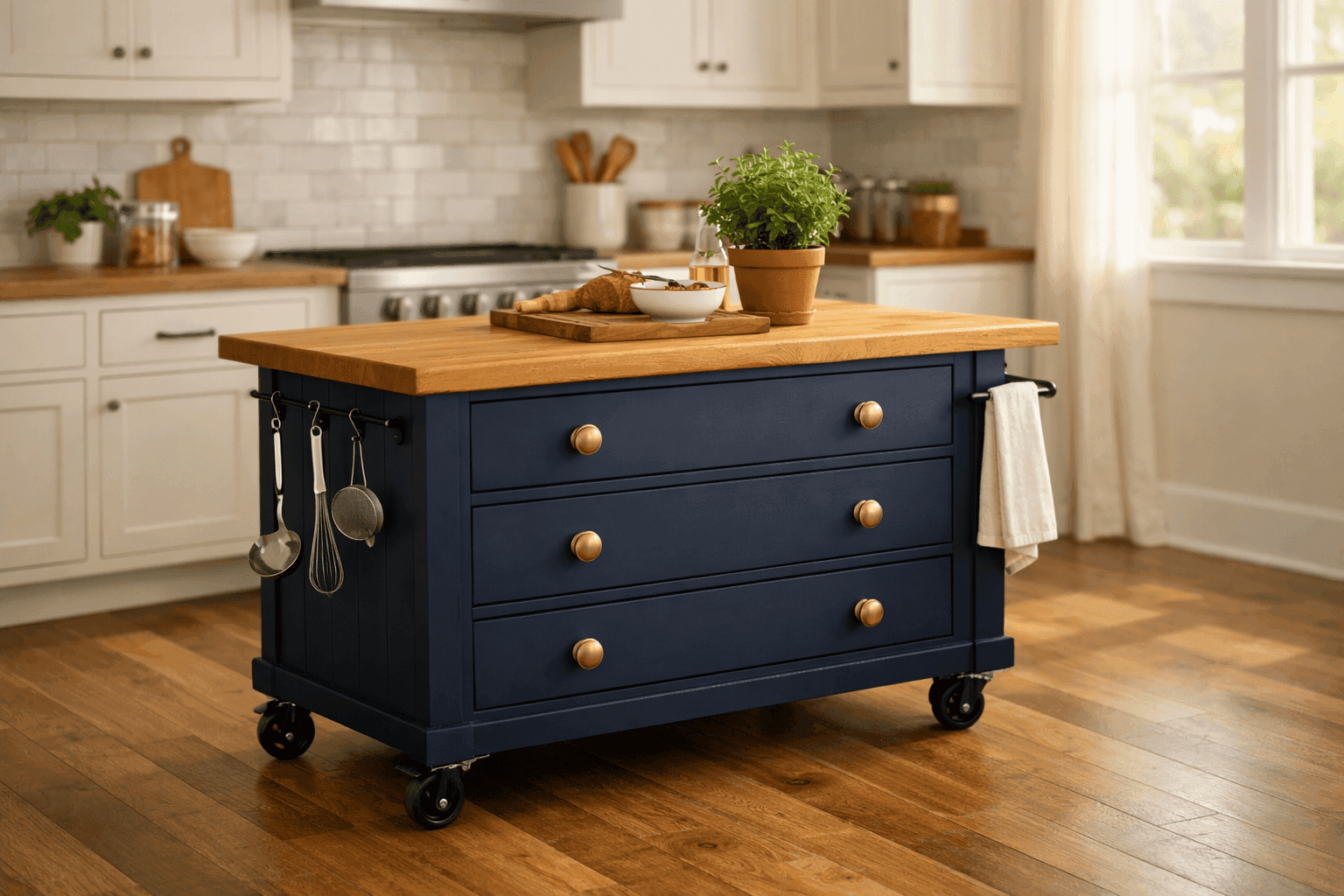 Repurposed solid wood dresser transformed into a navy blue kitchen island with a warm butcher block top, locking casters, and hanging utensils in a bright modern kitchen