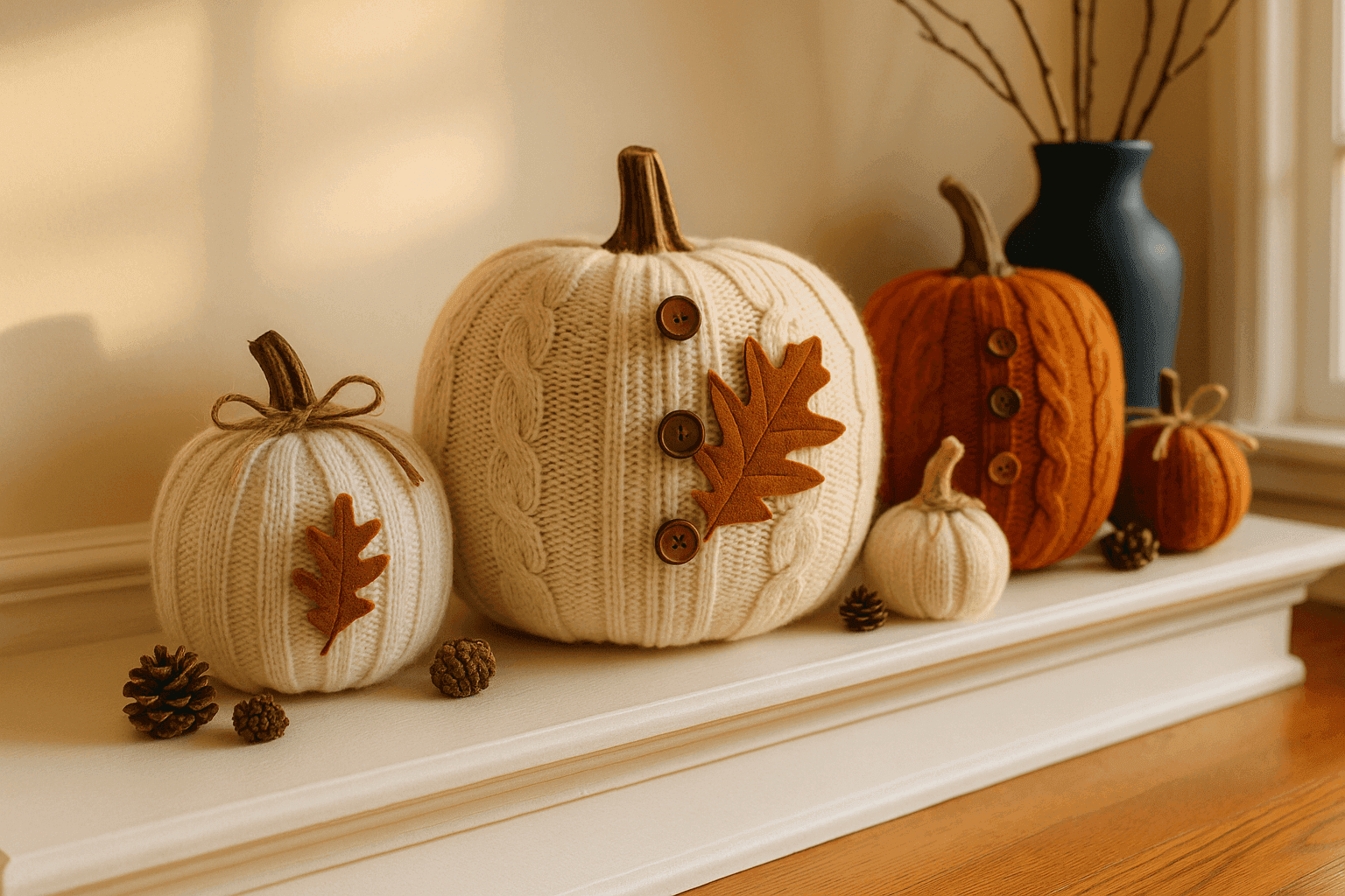 Charming pumpkins and gourds dressed in cozy sweater sleeve wraps with buttons and felt leaf embellishments displayed on a rustic fall mantel