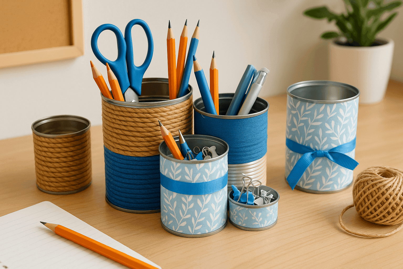 Stylish desk organizers made from upcycled tin cans wrapped in rope, fabric, and decorative paper arranged as custom desk caddy