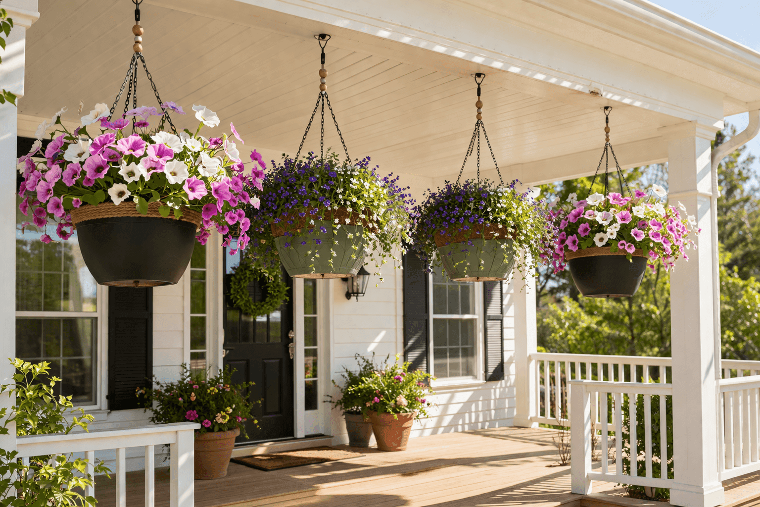 Row of upgraded dollar store hanging baskets in matte black and sage green with trailing petunias and lobelia hanging on a sunny porch in coordinating colors