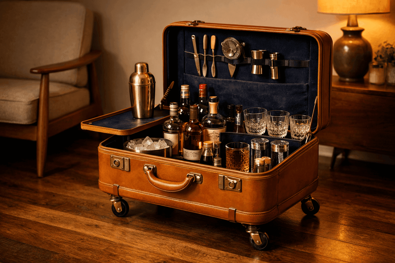 Vintage suitcase converted into rolling bar cart with open lid displaying bottles and glasses
